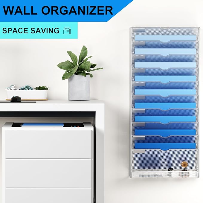 Hanging Wall File Organizer 10 Tier Wall Mounted File Holder Document Wall Organizer Magazine Organization for Office Home, Silver