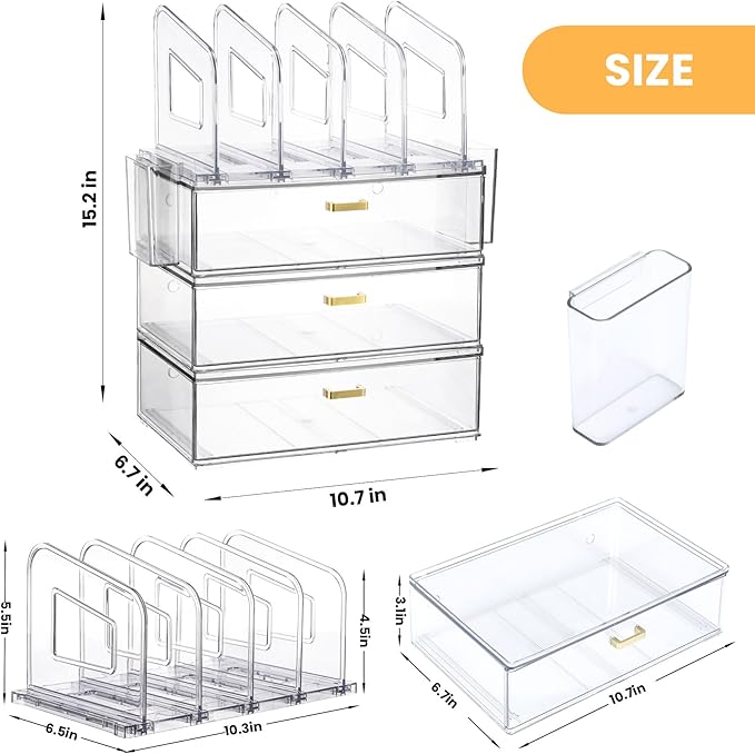 Acrylic Desk Organizer with 4-Vertical File Holder Rack, 3-Clear Drawer, and 2 Pen Holders, Desktop File Organizers Paper Tray for Office Accessories School Classroom Organization (Clear)