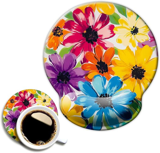 Ergonomic Mouse Pad with Wrist Support,Mouse Pad with Wrist Rest and Coaster Set,Office Supplies Non-Slip Mouse Pads for Desk, Non-Slip Comfortable,Colorful Floral