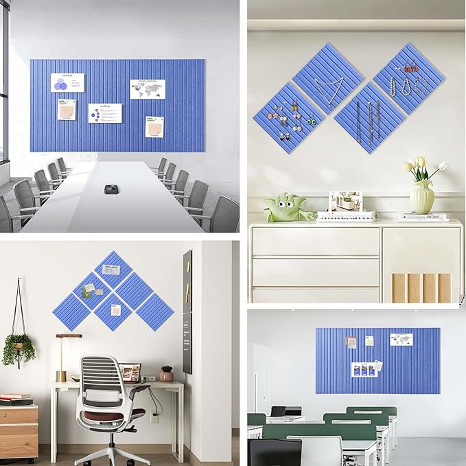 Large Cork Board for Office, 8 Pack Felt Wall Tiles with Slat Wall Paneling and Safe Removable Adhesive Tabs, Felt Bulletin Board Pin Board Cork Boards for Walls (Blue)