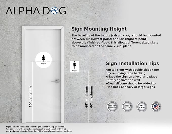 ALPHA DOG ADA SIGNS Men's Women's Restroom Sign Bundle 6x9 inch ADA Compliant Business Wall Mount Indoor Outdoor Easy Install USA Made (White)