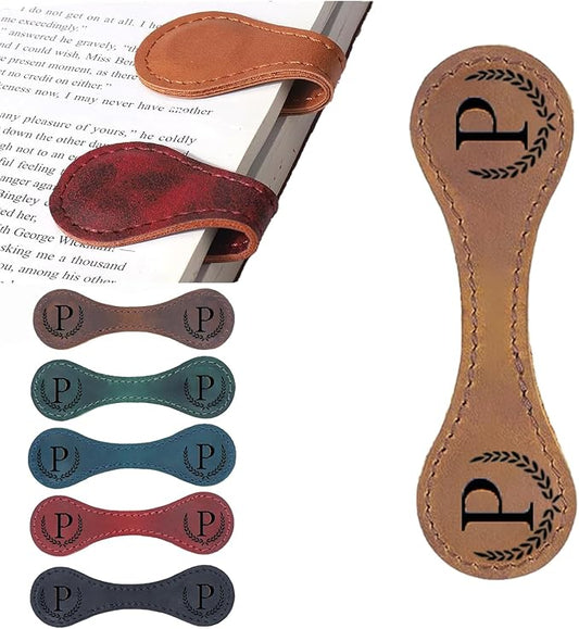 Personalized Magnetic Leather Bookmark, 26 Letters Custom Leather Bookmarks, Handmade, Leather Magnetic Bookmark for Book Lovers Readers Women Kid(Dark Yellow，P）