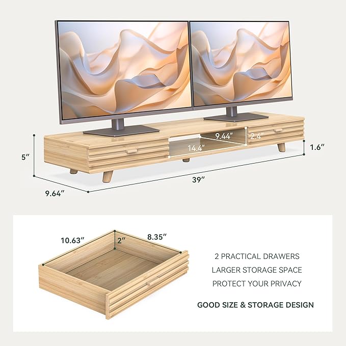 Bamboo Monitor Stand with Drawer - Desk Organizer with Cable Management & Storage, Ergonomic Laptop Riser for Home Office (220lbs Capacity, 39 inch ,Natural)