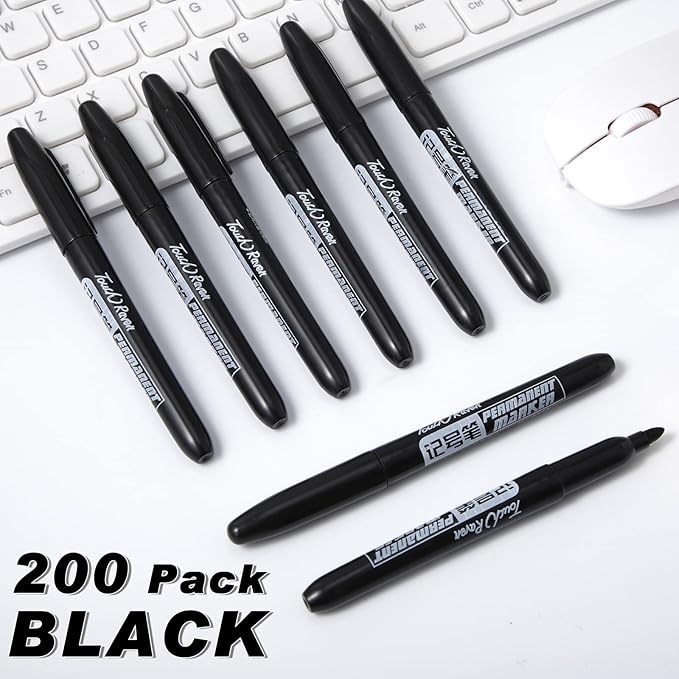 Thenshop 200 Pack Permanent Markers Bulk Black Permanent Marker Set Fine Point Marker Pens Waterproof Markers Works on Plastic, Wood, Stone, Metal and Glass