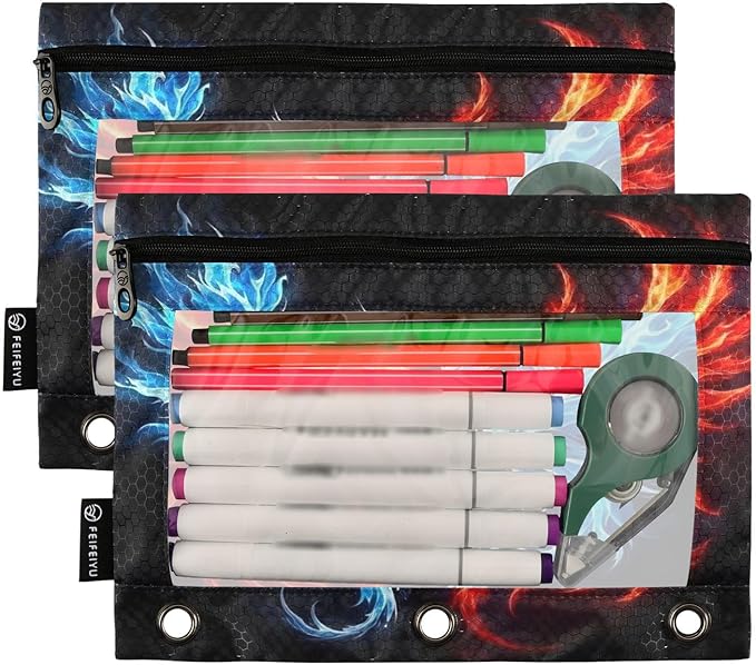 Dragon Phoenix Pencil Pouch for 3 Ring Binder, 2 Pack Waterproof Pencil Bags Clear Window Zipper School Office Supplies