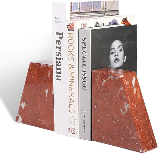 Koville Marble Bookends for Shelves, Large Bookends for Heavy Books, Non-Slip Heavy Duty Book Stopper for CD/Movies, Aesthetic Decorative Book Ends for Bookshelf Table Home Decor(Red)