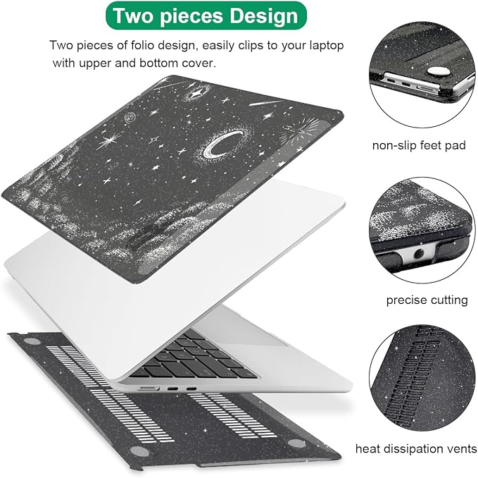 for 2022 2023 2024 2025 MacBook Air 13.6 inch Case M4 A3240 M3 A3113 M2 A2681 Cover, Glitter Black Printed Pattern Plastic Hard Shell Case Keyboard Cover for Mac Air 13.6 2025, Stars & Moon