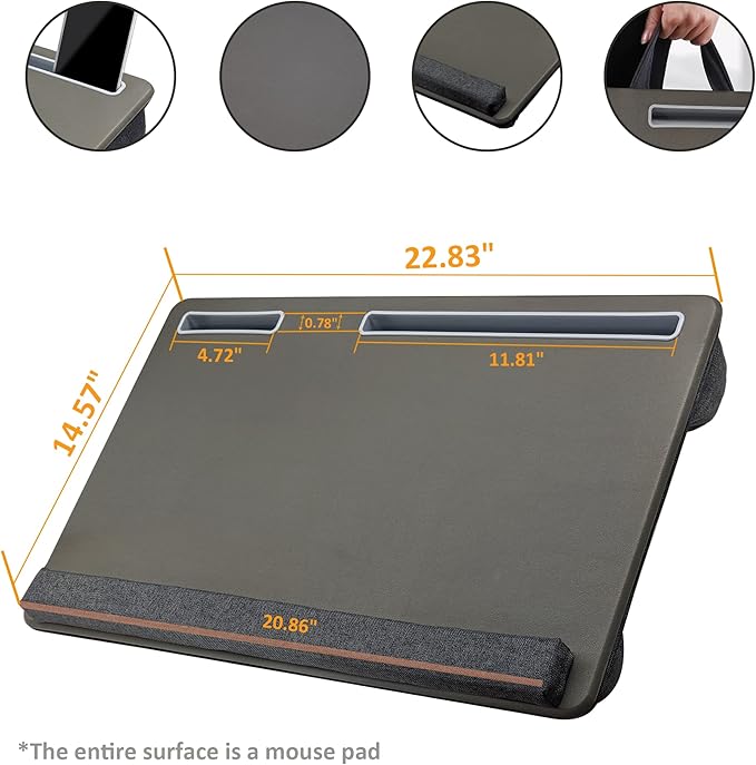 Extra Large Lap Laptop Desk - Full PU Material Mouse Pad Gaming Tray - Portable LapDesk with Phone Holder & Wrist Rest for Notebook, MacBook, Tablet, Bed, Sofa(Gray, Fit Up 17.3-in Laptops)