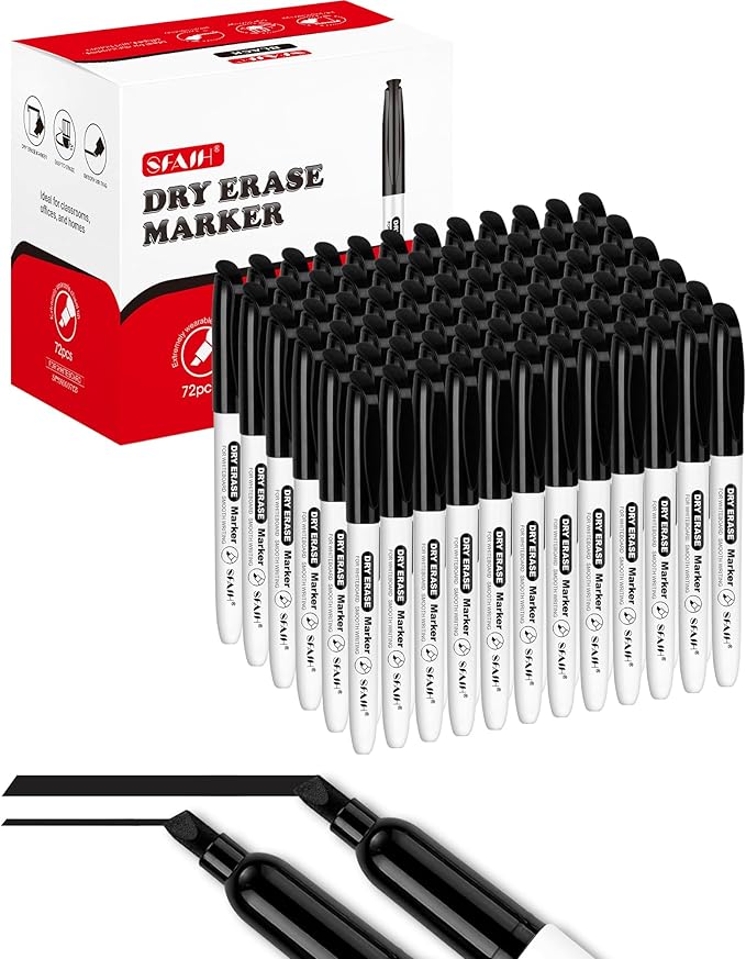 SFAIH Dry Erase Markers Chisel Tip Bulk, 72 Pack Black White Board Markers, Versatile Lines, Low Odor, 1s Quickly Dry, Perfect for School Supplies and Office