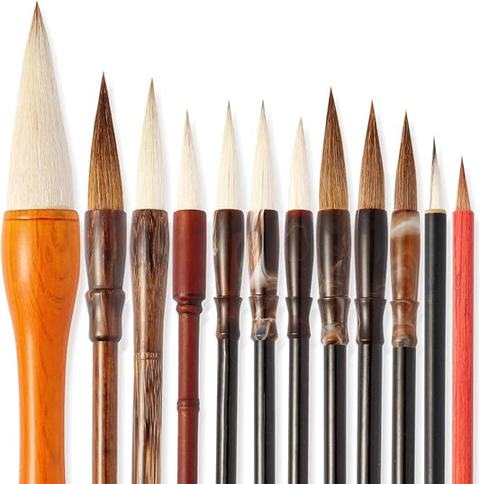 Corciosy 12 Pieces Chinese Calligraphy Brush Set - Premium Painting Writing Watercolor Sumi Brushes Set Kanji Japanese Drawing Art Brushes with Roll-up Brush Holder