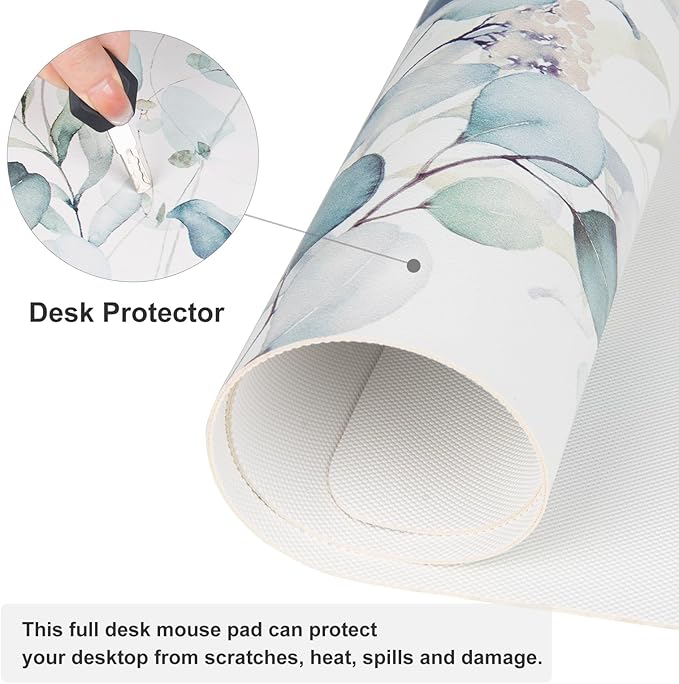 QIYI Large Mouse Pad, Cute Green Leaves Desk Mat for Desktop, Women Girls Office Décor Desk Accessories, PU Leather Waterproof Gaming Mousepad, Eucalyptus Leaf Desk Pad Computer Mat, 31.5" x 11.8"