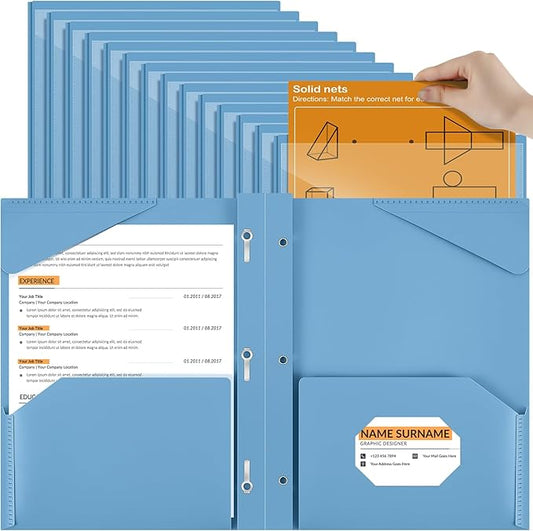 Henoyso 36 Pcs Plastic Folder with Clear Front Pocket and 3 Prong Plastic Folders with Card Slot Pocket Folders with Prongs for School Office (Haze Blue)