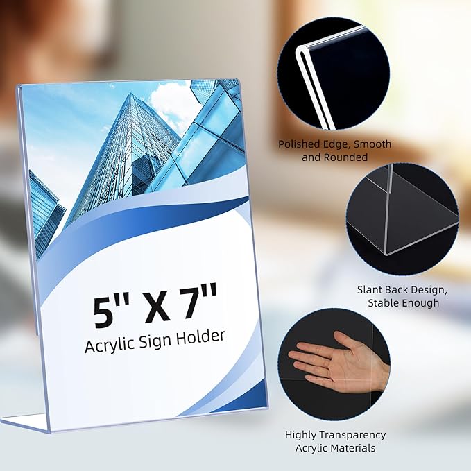 12 Pack Slanted Back Acrylic Sign Holders 5x7 for Business & Store, Tabletop Vertical Sign Holder with Anti-Slip Pads Clear Display Stand, for Menus Flyer Documents Office Restaurants Party Decoration