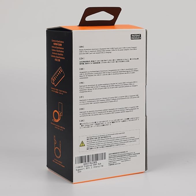 FIDECO Powered USB Hub, 7 Port USB 3.2 Gen 2, 10Gbps Fast Data Hub for iPhone 16/15 and Laptop, Aluminum USB Splitter with 5V 3A Power Adapter, 4 USB-A and 3 USB-C Ports, Support BC1.2 Charging