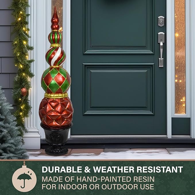 Fraser Hill Farm 4-ft. Christmas Topiary Decoration in Resin Urn, Weather Resistant Christmas Decor for Outdoor and Indoor Use, Porch, Stairway, Fireplace