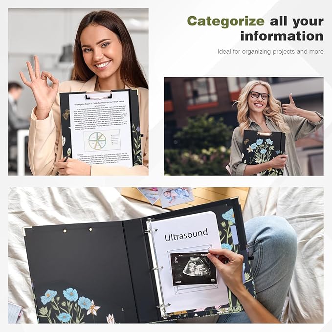 Ospelelf 3 Ring Binder 1.5 Inch, Floral Round Ring Clipboard Binder with 5 Tab Dividers for Letter Size Documents, for School and Office Supplies, Moonlit Blossoms