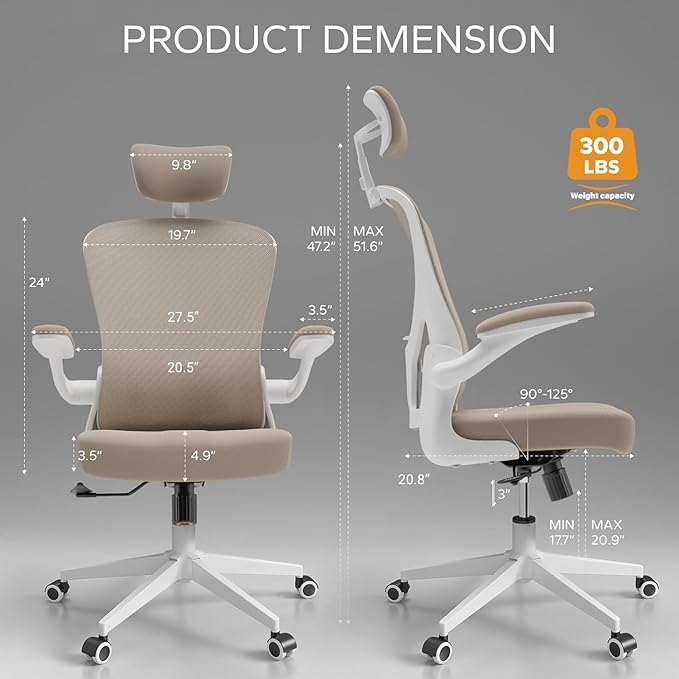 Ergonomic Office Chair with Adjustable Flip-Up Armrests & Lumbar Support - Thickened Cushion Desk Chair with Wheels, Comfy Home Office Computer Chair