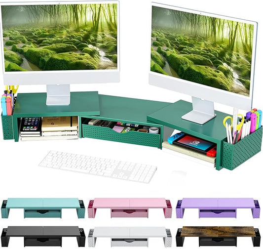 Spacrea Metal Desk Organizers and Accessories, Dual Monitor Stand Riser with Drawer and 2 Pen Holders, Desk Accessories & Workspace Desktop Organizers for Office Supplies (Dark Gree)