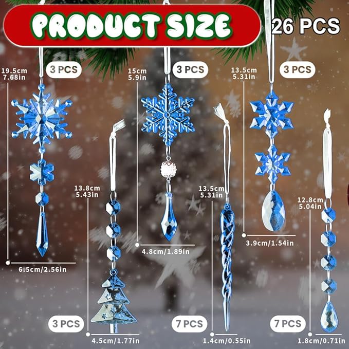 Lanpn 26 Pcs Christmas Ornaments Crystal Christmas Tree Decoration, Hanging Clear Acrylic Snowflake Icicle Drop Pendants for Xmas Winter Outdoor Indoor Party Decoration Blue