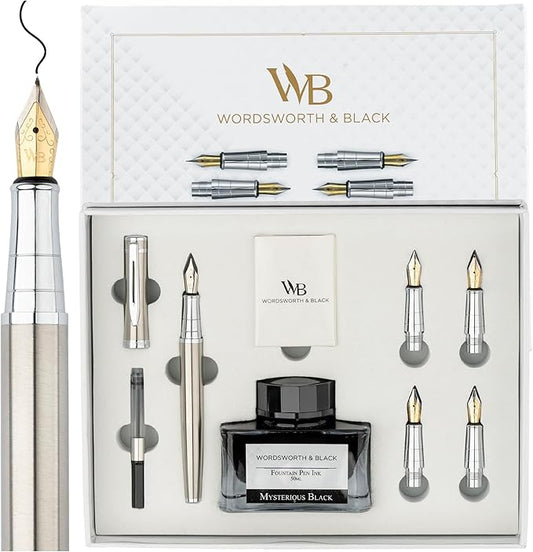 Wordsworth & Black Fountain Pen Gift Set, Includes Ink Bottle, 6 Ink Cartridges & A Refill Converter, 4 Replacement Nibs, Premium Package, Journaling, Calligraphy, Smooth Writing Pens [Silver Chrome]