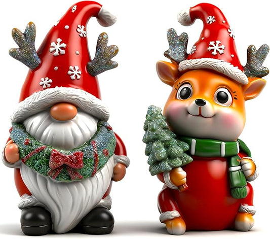 Christmas Gnome Figurines 2 PCS Resin Reindeer Decoration Indoor Collectible Statue Cute Holiday Ornament for Table Home