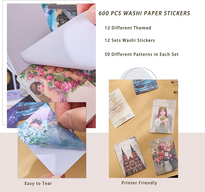 12 Sets 600 Sheets Washi Stickers for Journaling, Map Nature Celestial Portrait Boho Stickers Vintage Aesthetic Scrapbook Sticker Set for Bullet Journal Art Diary Card Craft Gifts Planner Notebook
