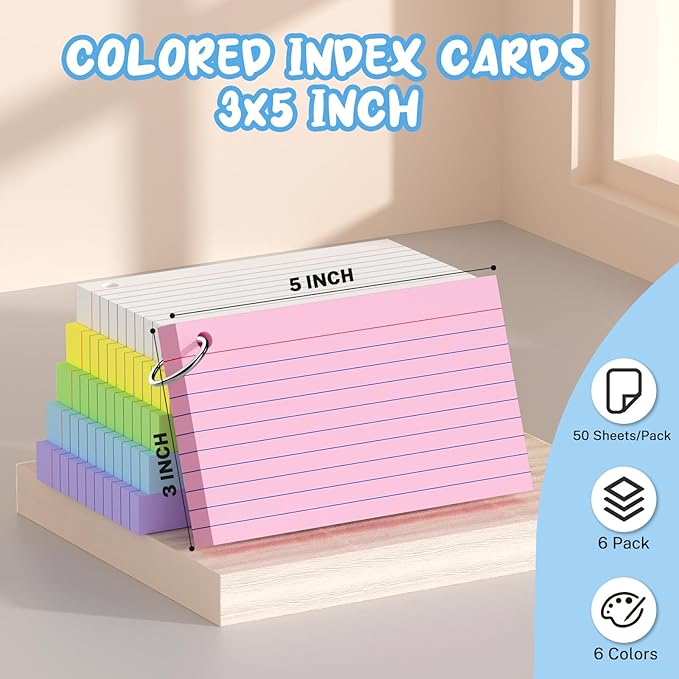 Colored Index Cards 3x5, 300 Count Lined Index Cards with Ring, 6 Colors Note Cards 3x5, 50 Sheets Each Pack, Heavy Bright Flash Cards with Rings, Colored Notecards 3x5 Lined for Office, Home, School