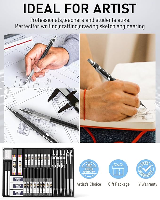 Nicpro 34PCS Black Art Mechanical Pencils Set, Metal Drafting Pencil 0.3, 0.5, 0.7, 0.9 mm & 2PCS 2mm Lead Holder (6B 4B 2B HB 2H 4H Colors) For Sketching Drawing With 19 Tube Lead Refills Case
