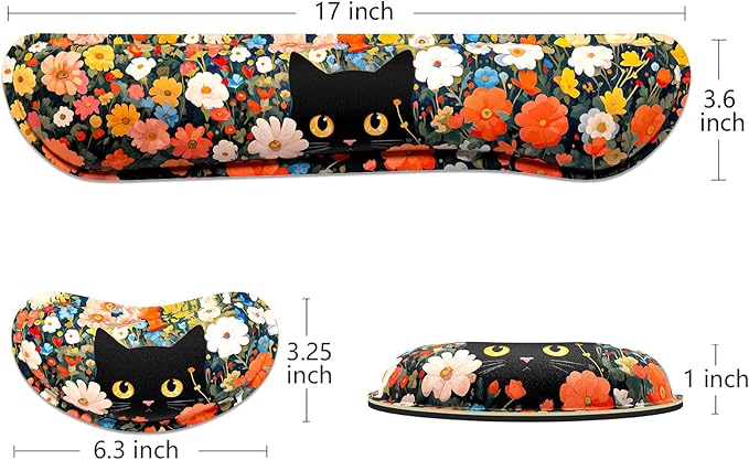 Dapesuom Enlarge Keyboard Wrist Rest, Memory Foam Wrist Cushion for Desk Mats Support, Typing Pain Relief Keyboard Mouse Pad Rests Set with Non-Slip Base for Gaming Laptop Computer, Cat Flower Bush