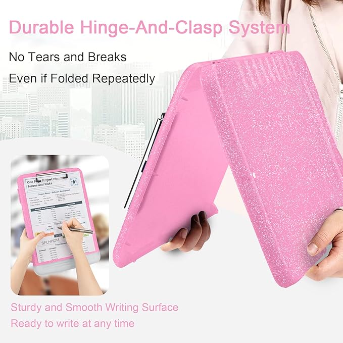 Glitter Clipboard with Storage,Storage Clipboard with Pen Holder,A4 Binder Clip Boards 8.5x11 with Low Profile Clip,Side Opening Sparkle Clipboards, Clipboards Folder for Office Supplies-Rose Pink