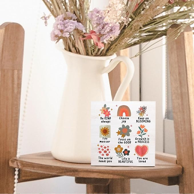 Boho Floral Mental Health Wooden Sign - Therapy Office Must Haves, Inspirational Psychology Wood Signs for Therapy Counselor Office Desk Shelf Tabletop Decor, 5x5 Inches