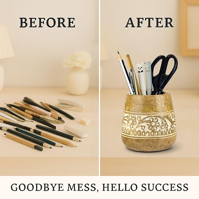 Mie Creations Designer Pencil Holder for Desk Wood | Paintbrush Holder Cup, Desk Accessories, Cute Make Up Brush Organizers | Office Desktop, Wooden Pen Stand | Stationary, Art Supplies | White-4''