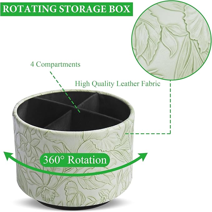 Hennaja Round Leather Art Supply Organizer,Remote Control Holder,360 Degree Spinning,Multi-Functional Pencil Holder,4 Compartments Desktop Stationary Organizer(1-Carved Green)