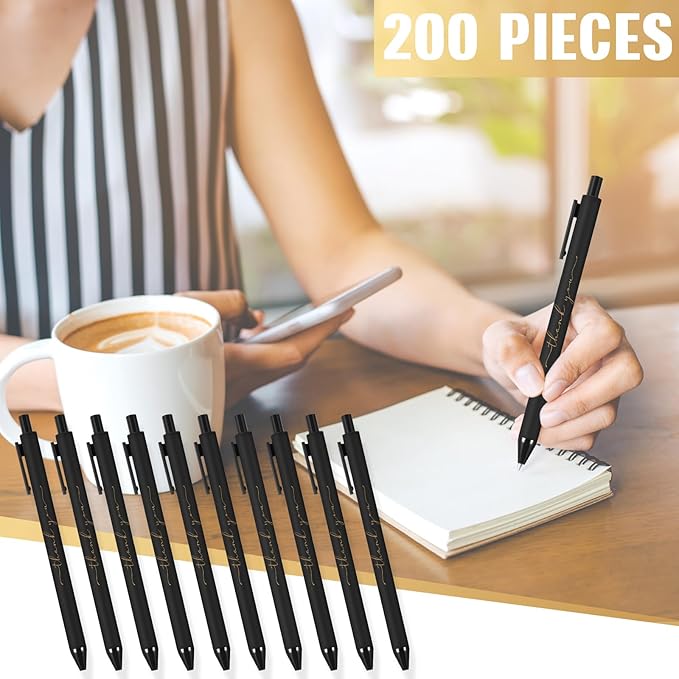 200pcs Thank You Pens Bulk Cute Multicolor Ballpoint Pen for Men Women Server Accessories Employee Holiday Appreciation Gifts for Teacher Office Back to School Party Favor (Black)