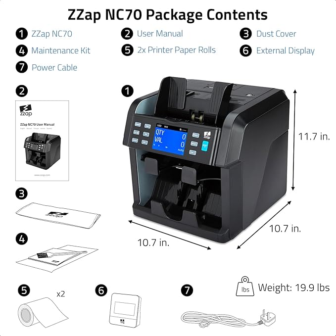 ZZap NC70 Mixed Denomination Bill Counter/2 Pocket Sorter/Counterfeit Detector - Money Cash Value Currency Machine