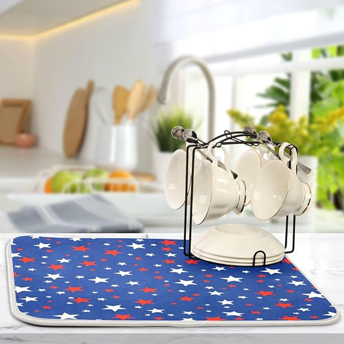USA Patriotic Stars Memorial Dish Drying Mat 18 X 24 Inch Red Blue White Independence Day Dry Dishes Pads Tableware Mats Protector for Kitchen Countertops Counter Home Decorations