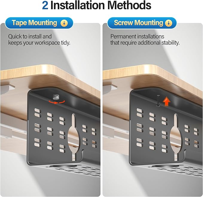 2 Pack Cable Management Under Desk Black, Cinati 32" Large Cable Management Tray, Under Desk Alloy Steel Wire Organizers, Cord Hider Tray for Office and Home - Tape or Screw Installation