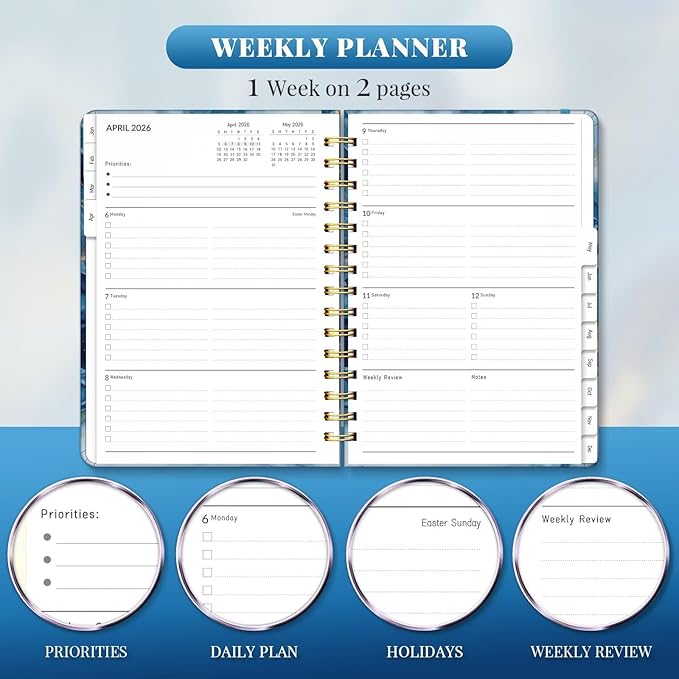 2026 Planner, A5 Weekly and Monthly Planners with Tabs, Spiral Bound Daily Calendar 2026 Planner, Agenda Organizers from Jan. to Dec., Hardcover Habit Tracker Journal 6.18" x 8.5"(Dark Blue)