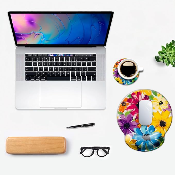 Ergonomic Mouse Pad with Wrist Support,Mouse Pad with Wrist Rest and Coaster Set,Office Supplies Non-Slip Mouse Pads for Desk, Non-Slip Comfortable,Colorful Floral