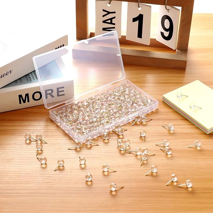 150 Pcs Push Pins, Standard & Transparent Plastic Head Steel Point Thumb Tacks for Wall, Office & Craft Organization (Gold)
