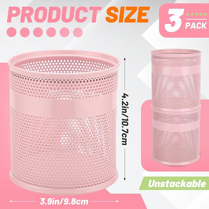 Segarty Pen Cup Holder for Desk, 3 Pack Pink Pencil Holder, 3.9 x 4.2 inch Large Metal Mesh Pen Container Set Desktop Accessories Organizer for Office Supply, School Classroom, Makeup Brush