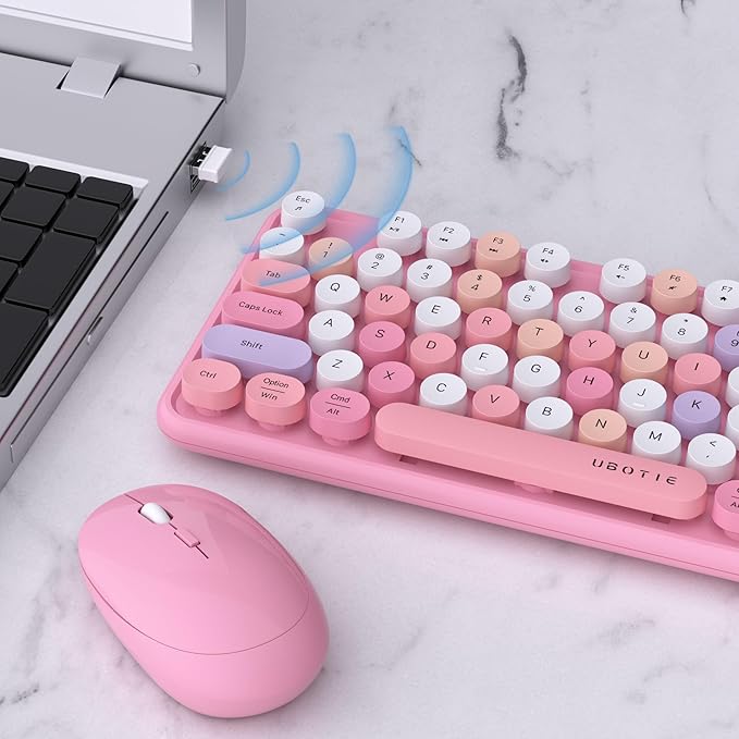 UBOTIE Colorful Computer Wireless Keyboard Mice Combo, Retro Typewriter Flexible Keys Office Full-Sized Keyboard, 2.4GHz Dropout-Free Connection and Optical Mouse (Pink-Colorful)