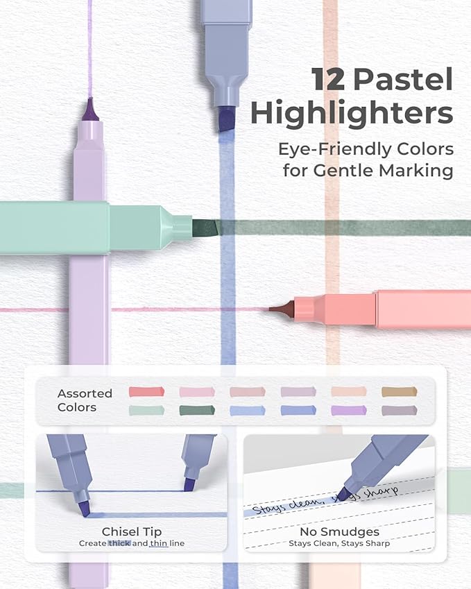 Four Candies 45 PCS School Supplies with Pen Case, 12 Pastel Highlighters, 6 Black Ink Gel Pens, 6 Mechanical Pencils Set for Students Stationary College Essentials (Black)