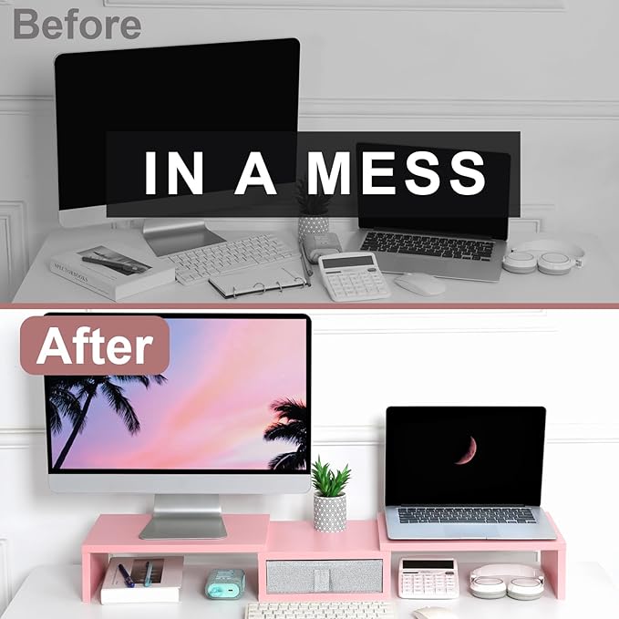 TEAMIX Pink Dual Monitor Stand Riser with Drawer - Length and Angle Adjustable Double Corner Desk Shelf Organizer 37 inch for 2 Laptop/PC/Screen/TV
