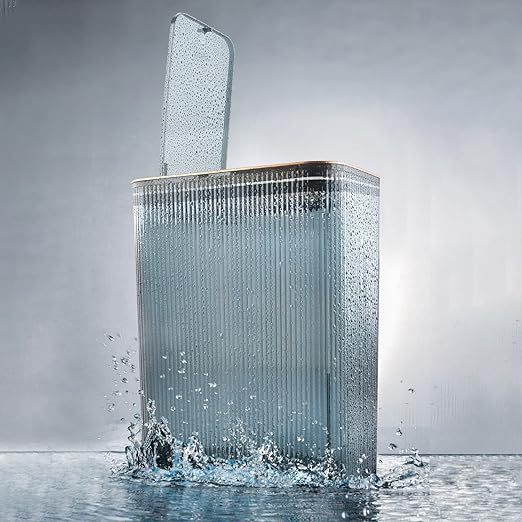 Transparent Trash Can, Bathroom Trash Cans with Lids, 2.6 Gallon Garbage Can for Bedroom, Office, Plastic Slim Waste Basket with Press Top Lid, 10L Clear Trash Bin for Home, Kitchen (Blue)