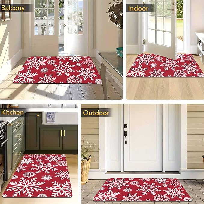 InterestPrint Christmas Red Door Mat Xmas Snowflakes Doormat Washable Floor Mats Outdoor Indoor Non-Skid Area Rug Entry Doormat for Bedroom Living Room Kitchen Nursery, 16" x 24" Inch