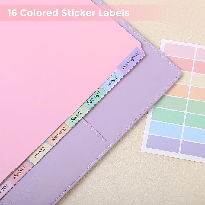 SKYDUE Durable Plastic 8-Tab Dividers, Big Tab Dividers for 3 Ring Binder, Write & Erase 3 Ring Binder Dividers with Tabs, with Sticker Labels, 1 Set, Pastel Color