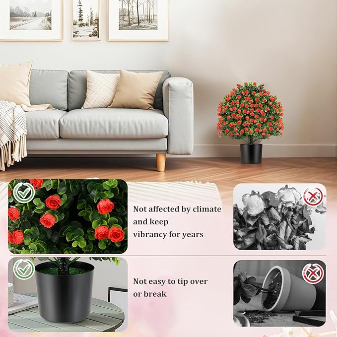 Goplus 21.5’’ Artificial Rose Topiary Ball Tree, Set of 2 Faux Potted Plants Artificial Shrubs Bushes with Flowers, Fake Evergreen Artificial Topiary for Indoor Outdoor Home Front Porch Decor