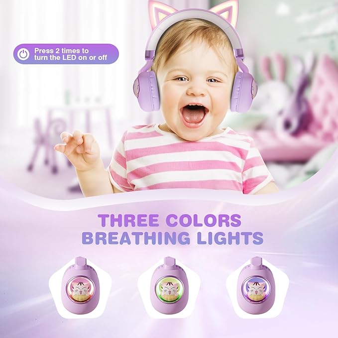 Cat Ear Headphones for Kids, Cute Children Girl Wireless Bluetooth Headphones for School, Purple Kindergarten Light up Kawaii Kitty Noise Cancelling Headphones for Kids Teens Child Airplane