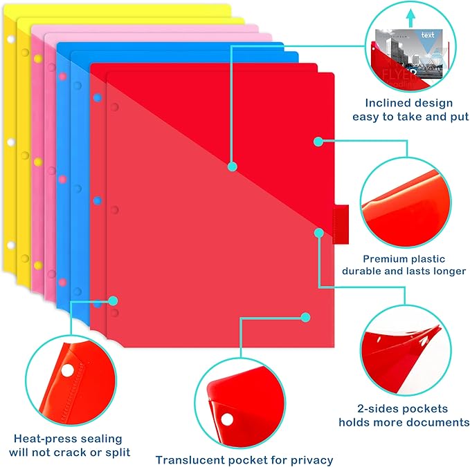 Plastic 8-Tab Dividers with Two Pockets - 1 Set, Pocket Dividers for 3-Ring Binders, Multi-Color Binder Dividers, Total 8 Tabs